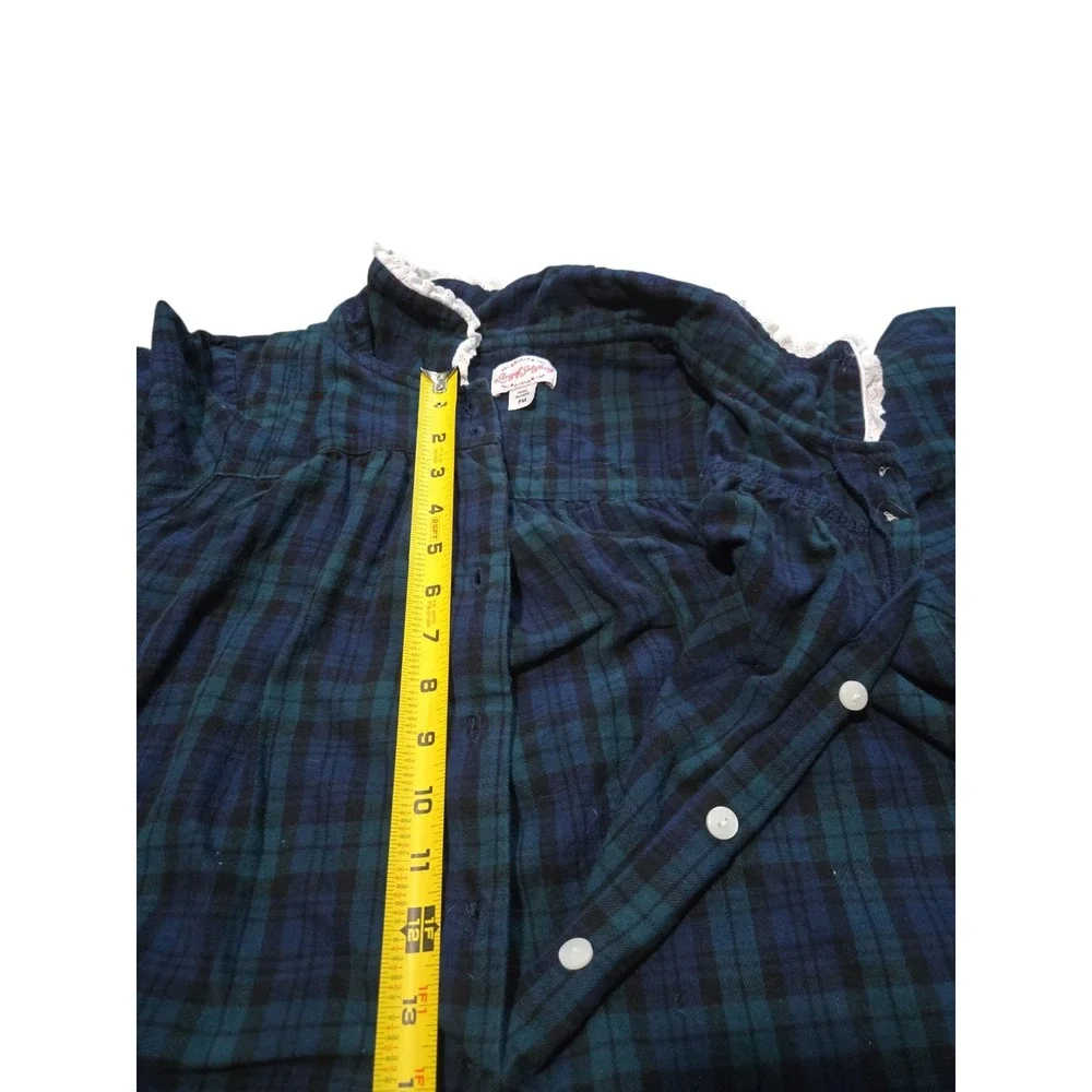Lanz of Salzburg Green Blue Plaid Flannel Nightgown Maxi Lace Trim PM - Picture 9 of 13